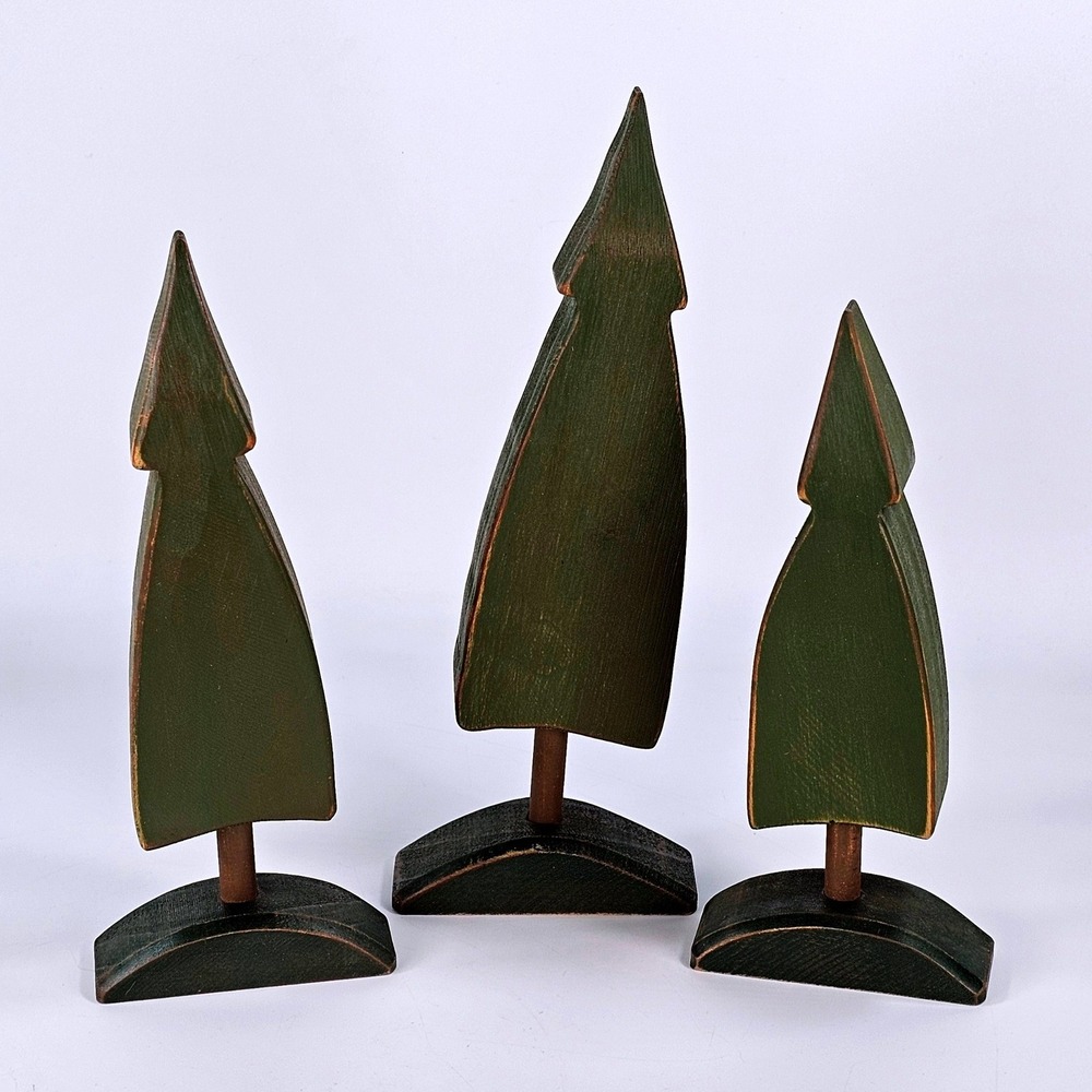 Bob Huffman Set of 3 Primitive Wooden Pine Trees Folk Art Distressed Green Decor
